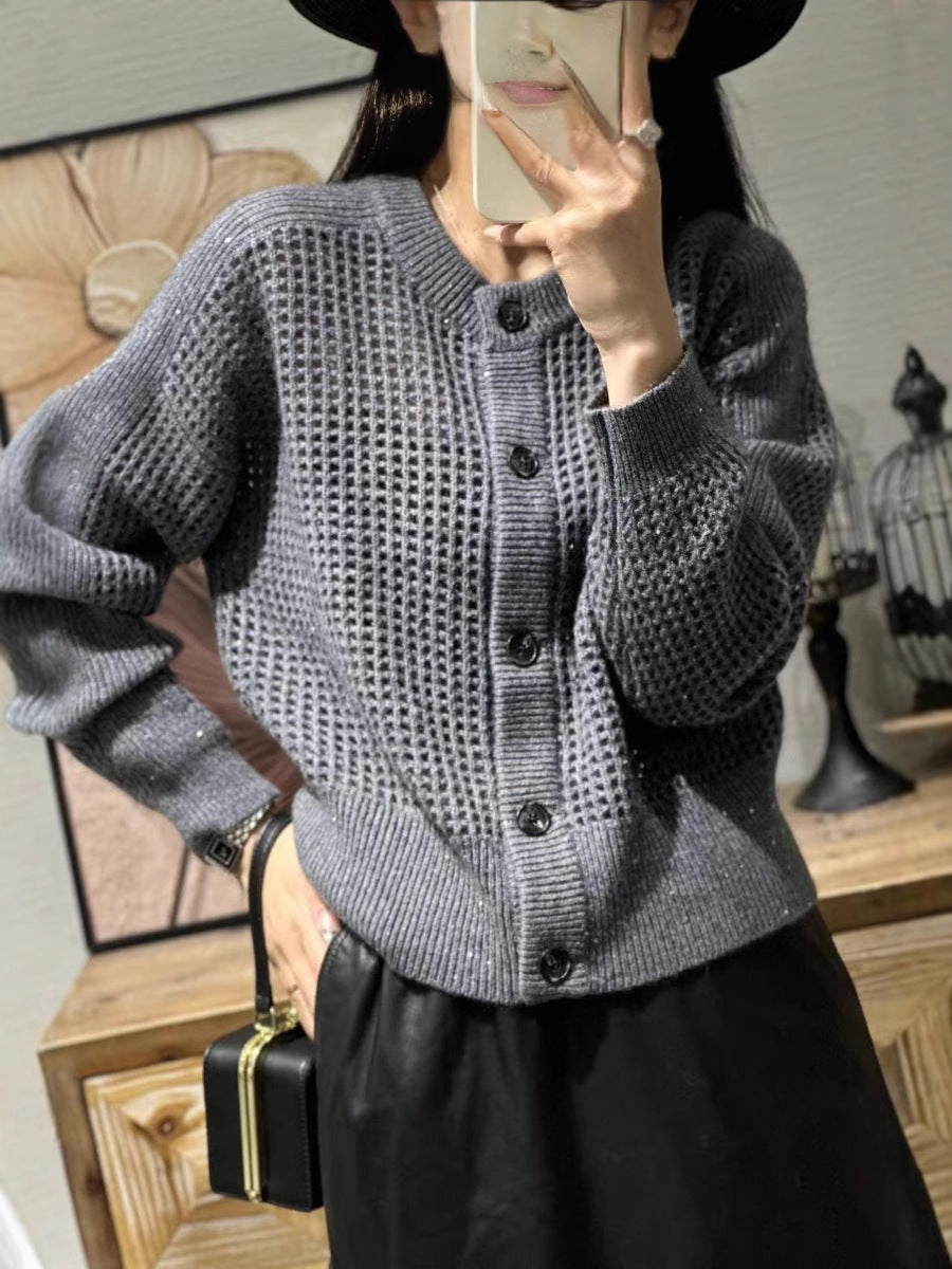 Damen Lockerer Mesh‑Cardigan mit Gitter‑Ajour, Rundhalsausschnitt und Knopfleiste Shop Nory