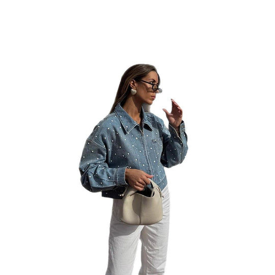 Damen Gekürzte Denim-Jacke mit Perlenbesatz und Oversize-Ärmeln Shop Nory