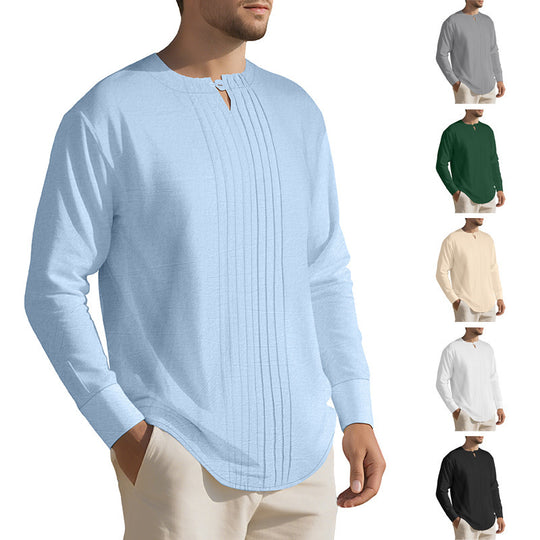 Herren Leichtes Langarmshirt im Leinenlook mit Stehkragen, Kellerfalten und Schlaufenverschluss Shop Nory