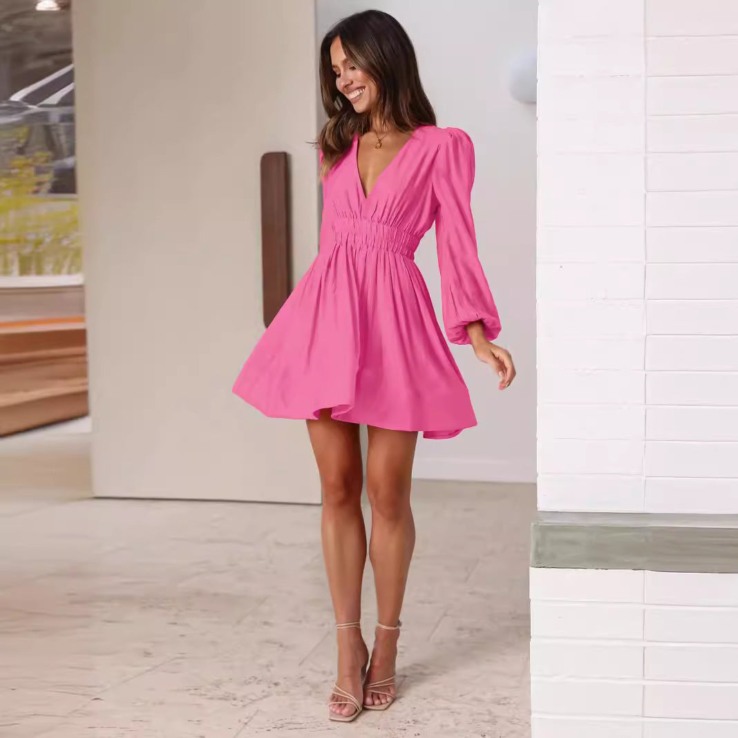 Damen Elegantes Minikleid mit V-Ausschnitt und Puffärmel