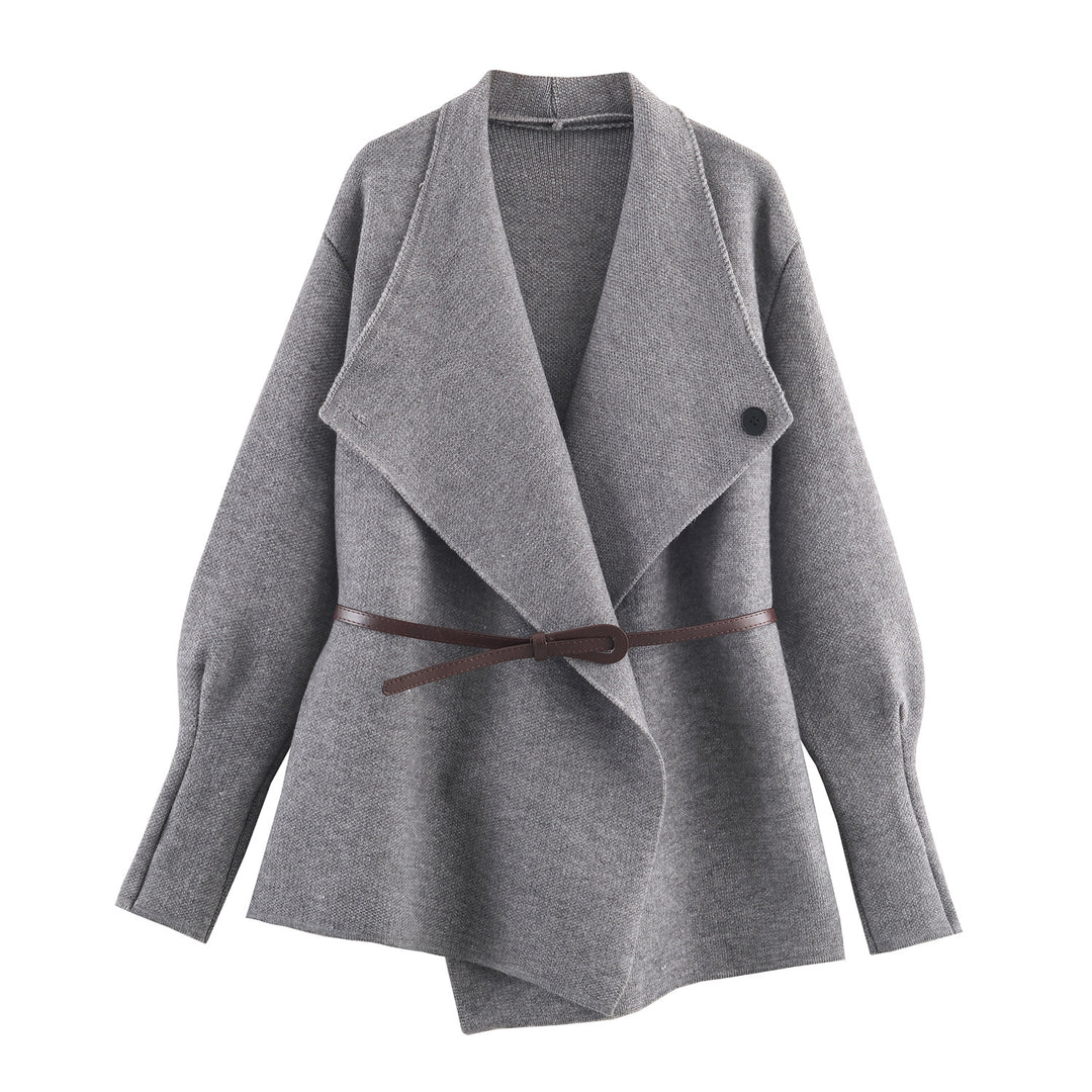 Damen Kurzgeschnittener Wollmix-Cardigan-Mantel mit weitem Schalkragen und schmalem Bindegürtel Shop Nory