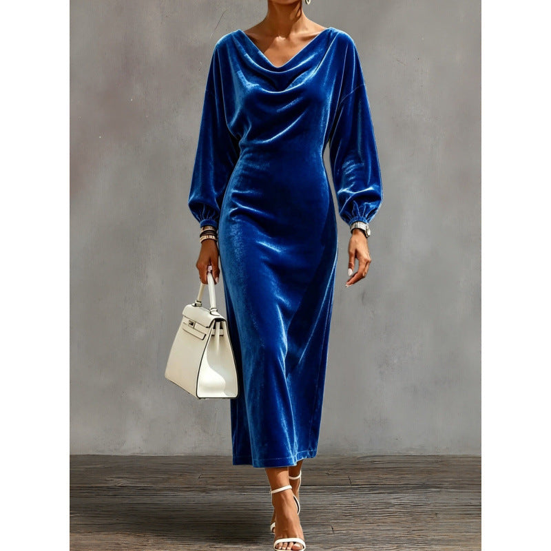 Damen Midikleid aus Samt mit drapiertem Wasserfallkragen und Ballonärmeln Shop Nory