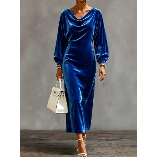 Damen Midikleid aus Samt mit drapiertem Wasserfallkragen und Ballonärmeln Shop Nory