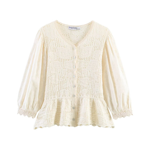 Damen Strickbluse mit Knopfreihe, Spitzenmanschetten und Volant‑Peplum Shop Nory