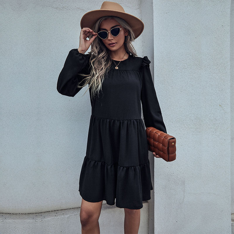 Damen A-Linien Stufenkleid mit langen Ärmeln und zarten Rüschen Shop Nory