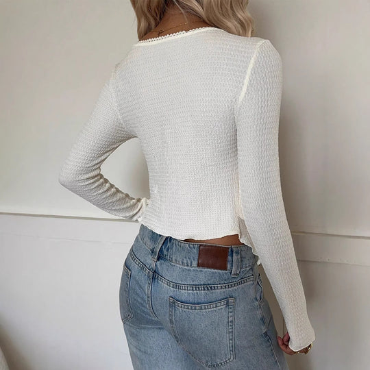 Damen Gerieftes Langarm-Cropped-Top mit Herzausschnitt und Stufenvolant Shop Nory