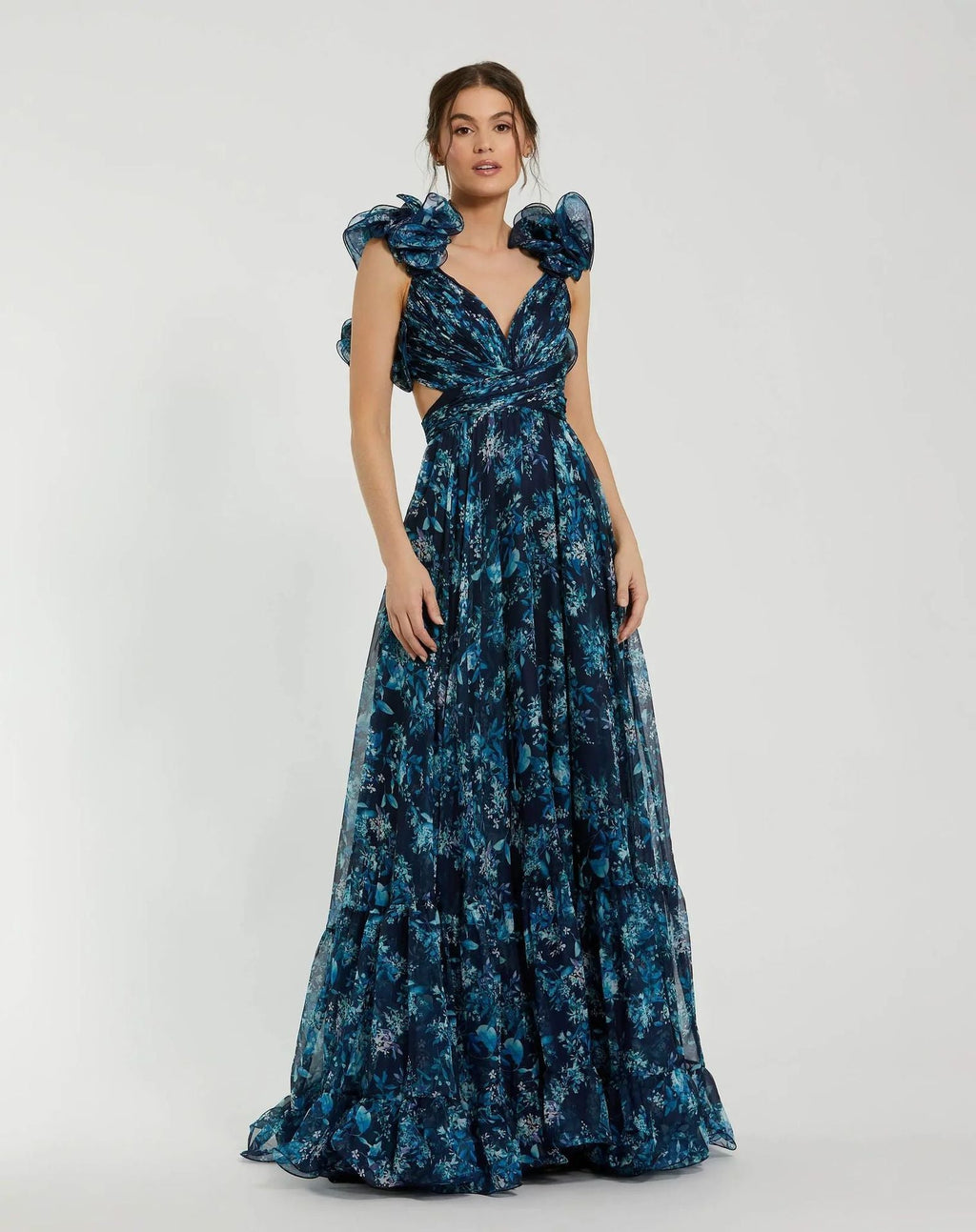 Damen Maxi-Kleid mit floralen Rüschen und schwingendem Design