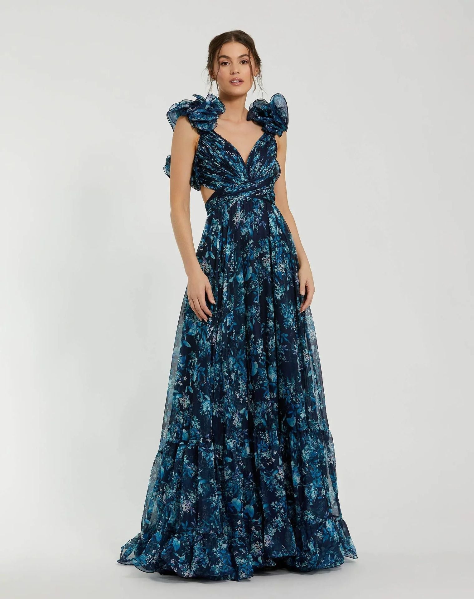Damen Maxi-Kleid mit floralen Rüschen und schwingendem Design