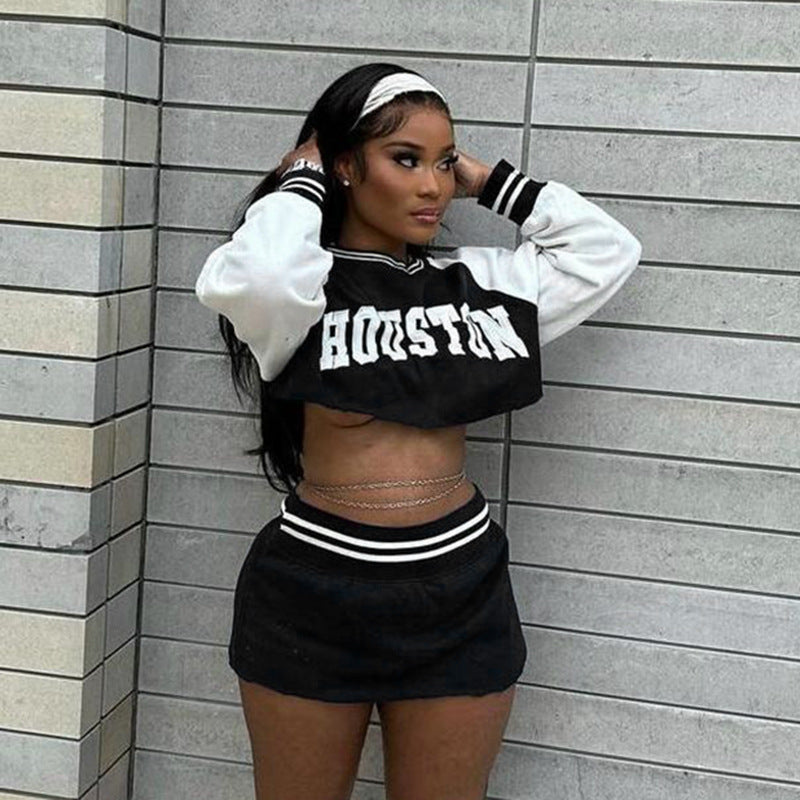 Damen Zweiteiliges Sportives Crop-Sweatshirt- und Minirock-Set mit Raglanärmeln und geripptem Taillenbund Shop Nory