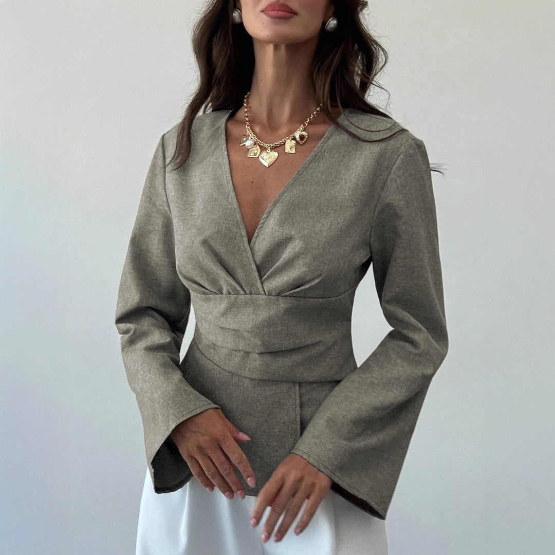 Damen Wickelbluse mit taillierter Drapierung und ausgestellten Ärmeln Shop Nory