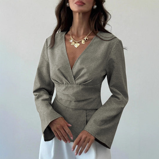 Damen Wickelbluse mit taillierter Drapierung und ausgestellten Ärmeln Shop Nory