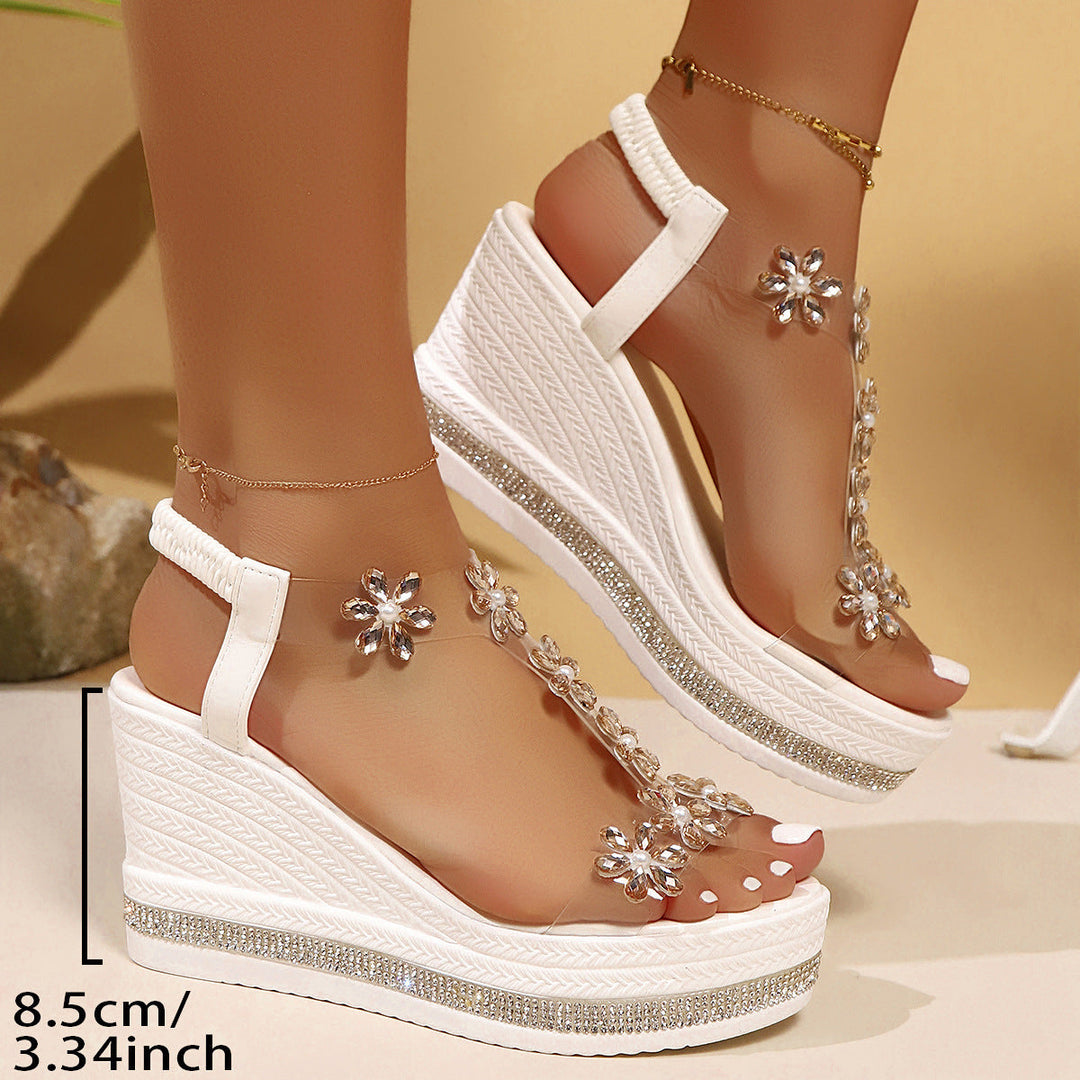 Damen Wedge-Sandalen mit floralem Schmuck und Glitzerakzenten