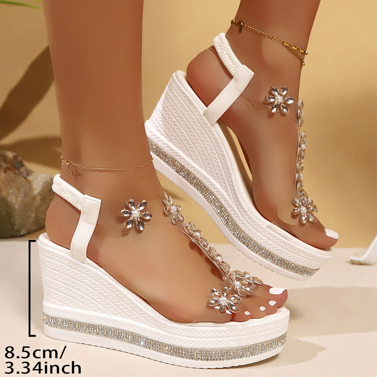 Damen Wedge-Sandalen mit floralem Schmuck und Glitzerakzenten