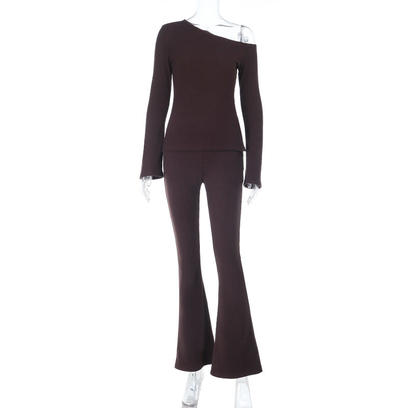 Damen Schulterfreier Feinstrick-Zweiteiler mit asymmetrischem Top und ausgestellter Schlaghose Shop Nory