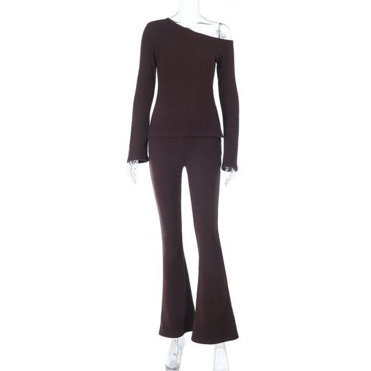 Damen Schulterfreier Feinstrick-Zweiteiler mit asymmetrischem Top und ausgestellter Schlaghose Shop Nory