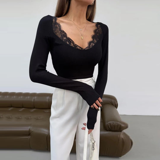 Damen Figurbetontes Langarmshirt mit Spitzen-V-Ausschnitt Shop Nory