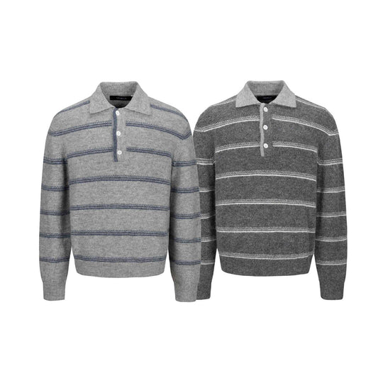Herren Grobgestrickter Polokragenpullover mit Halbdruckknopfblende und Streifenstruktur Shop Nory