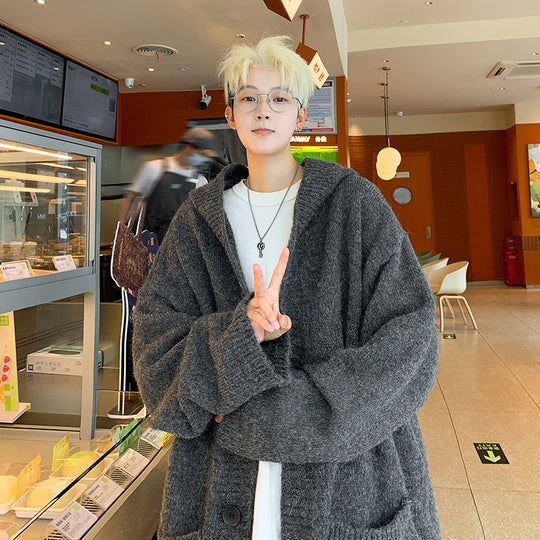 Unisex Oversized Mohair-Optik Strickcardigan mit Kapuze und großen Knöpfen Shop Nory