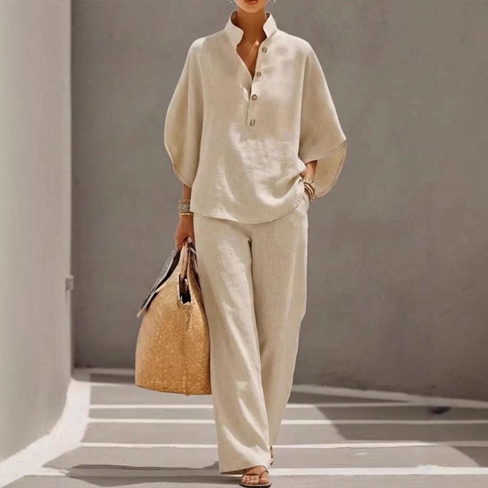 Damen Leichtes Leinen-Loungewear-Set mit Stehkragen Knopfleiste und weitem Marlene-Schnitt Shop Nory