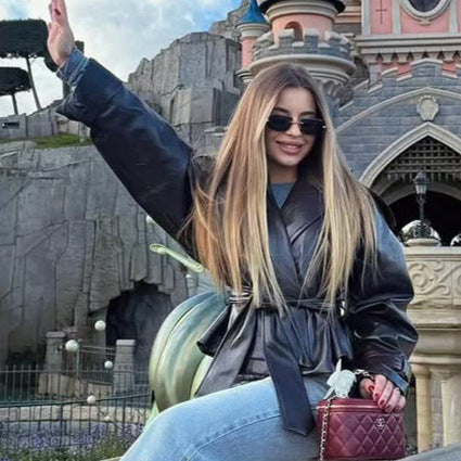 Damen Kurze Kunstleder-Wickeljacke mit Taillengürtel und übergroßem Revers Shop Nory