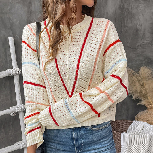 Damen Oversize-Ajourstrickpullover mit V-Streifen-Design Shop Nory