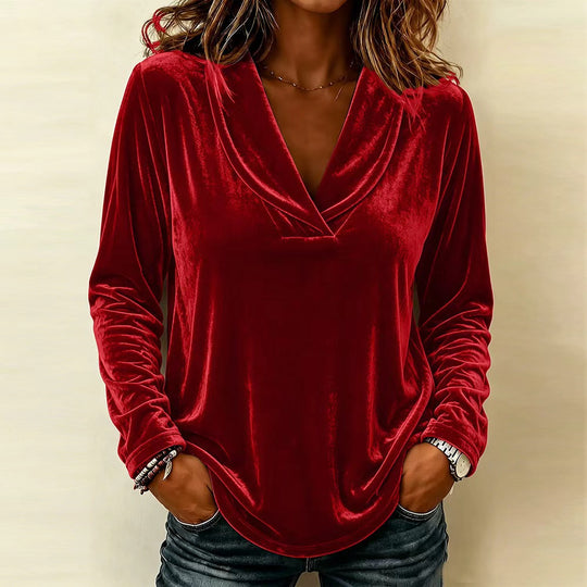 Damen Samt-Longsleeve mit tiefem V-Ausschnitt und lässigem Saum Shop Nory