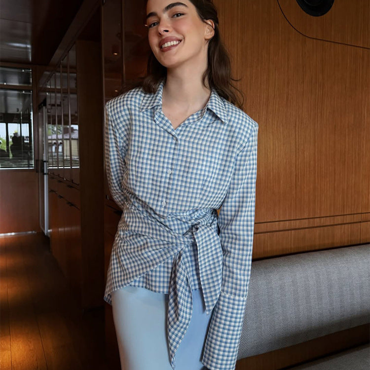 Damen Gingham-Wickelbluse mit seitlicher Taillenbinde und Hemdkragen Shop Nory