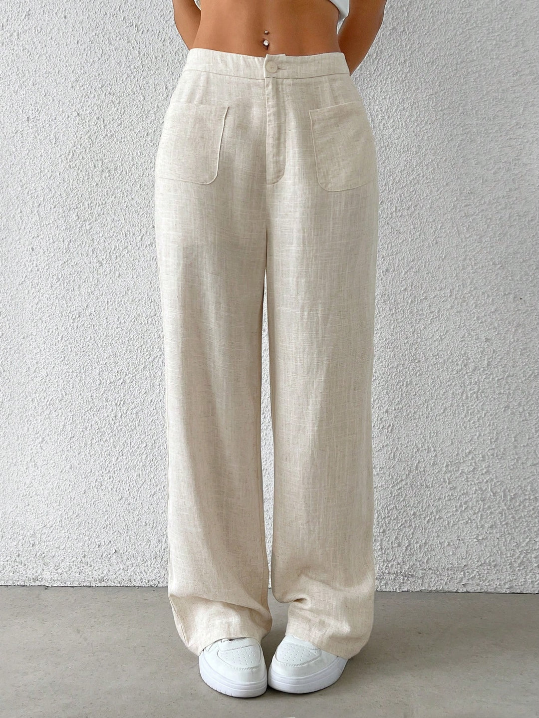 Damen Hochtaillierte Leinenlook Palazzo-Hose mit aufgesetzten Taschen Shop Nory