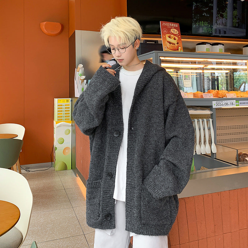 Unisex Oversized Mohair-Optik Strickcardigan mit Kapuze und großen Knöpfen Shop Nory
