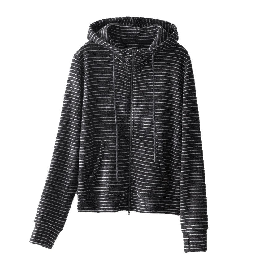 Damen Gestreifte Samt-Fleece Kapuzenjacke mit Reißverschluss und Kängurutaschen Shop Nory