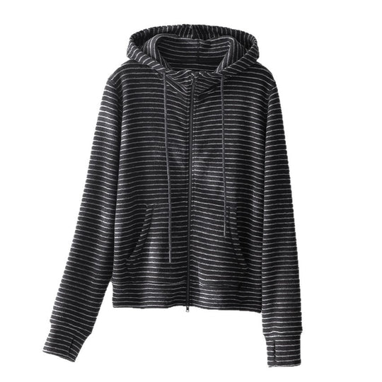 Damen Gestreifte Samt-Fleece Kapuzenjacke mit Reißverschluss und Kängurutaschen Shop Nory