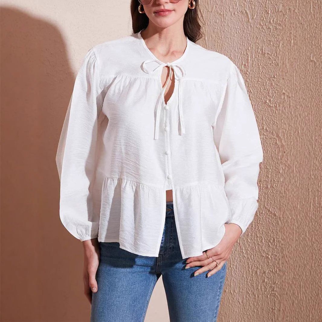 Damen locker fallende Baumwollbluse mit Volantstufe und Bindekragen Shop Nory