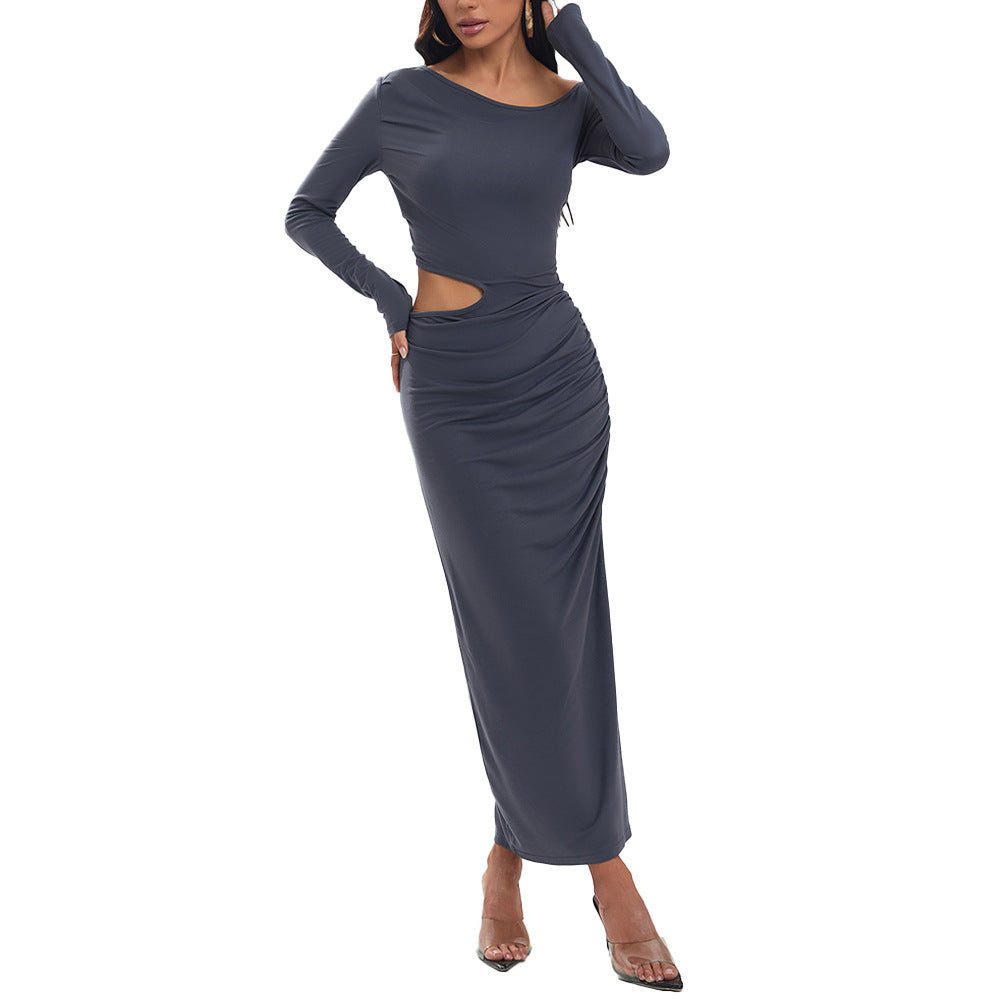 Damen eng anliegendes Maxikleid mit langem Arm seitlichem Cut-Out geraffter Hüfte und hohem Beinschlitz Shop Nory