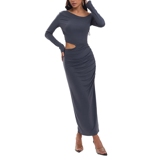Damen eng anliegendes Maxikleid mit langem Arm seitlichem Cut-Out geraffter Hüfte und hohem Beinschlitz Shop Nory