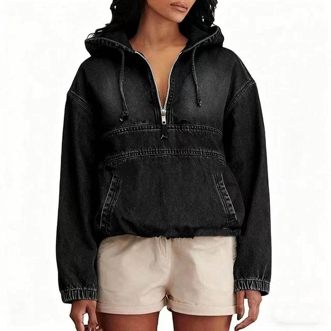 Damen Oversize Jeans-Hoodie mit halbem Reißverschluss, Kängurutasche und elastischem Saum Shop Nory