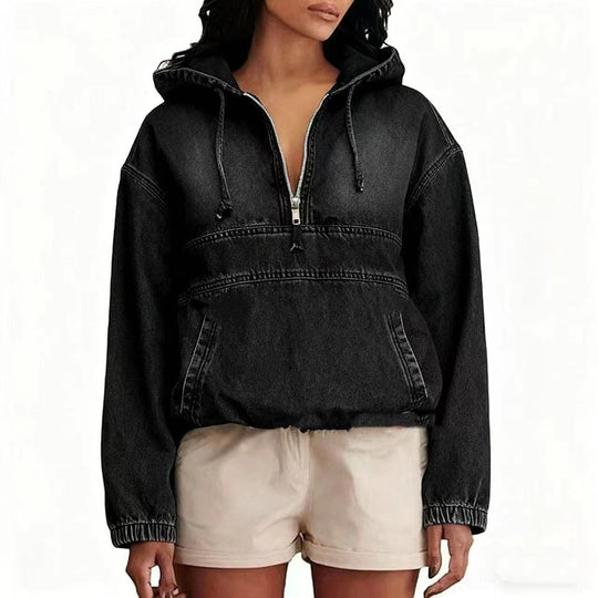 Damen Oversize Jeans-Hoodie mit halbem Reißverschluss, Kängurutasche und elastischem Saum Shop Nory