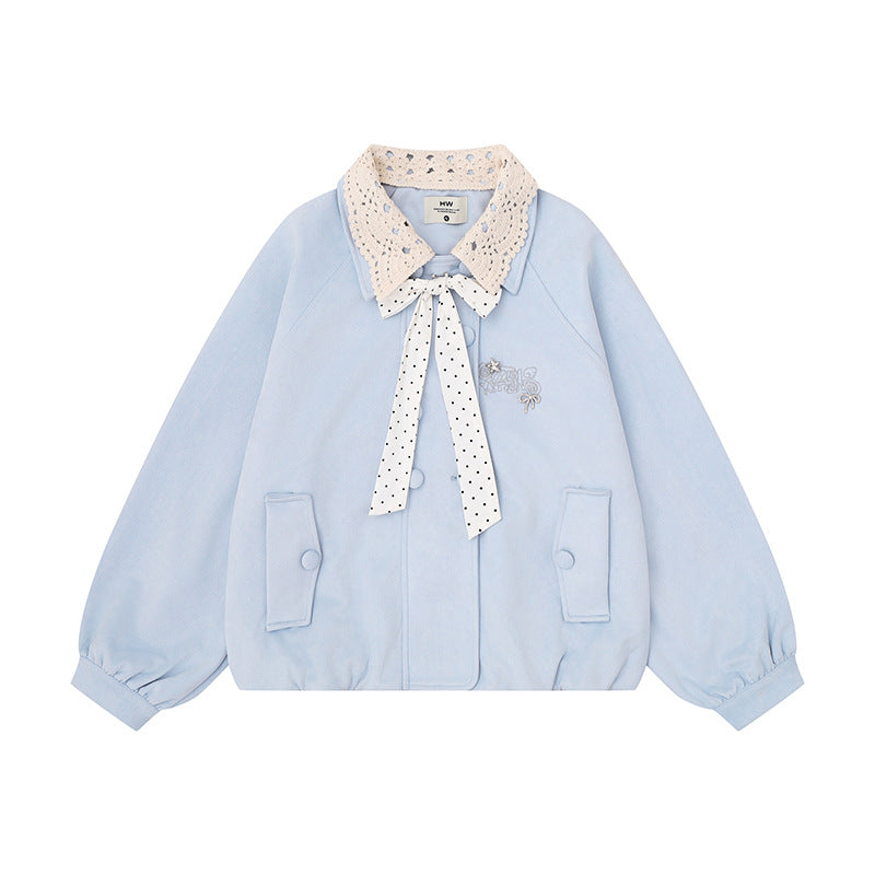 Damen Kurze Bomberjacke mit Häkelkragen und Schleifenband Shop Nory