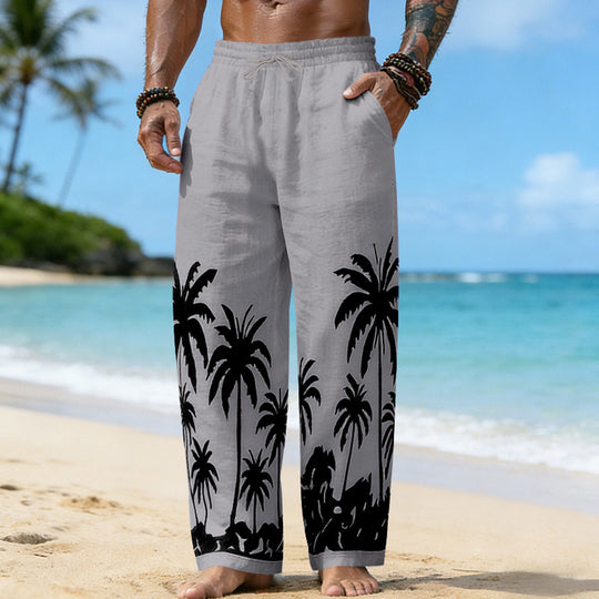 Herren Lässige weite Leinenhose mit elastischem Bund und tonalem Palmenprint Shop Nory