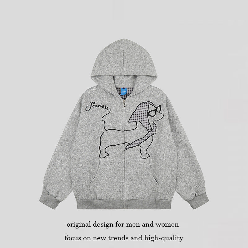 Damen Kapuzen-Zipjacke im Oversize-Cut mit gestickter Dackel-Illustration und Vichy-Detail Shop Nory