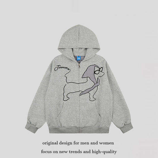 Damen Kapuzen-Zipjacke im Oversize-Cut mit gestickter Dackel-Illustration und Vichy-Detail Shop Nory