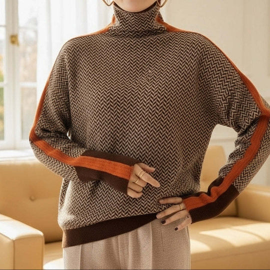 Damen Feinstrickpullover mit geometrischem Jacquardmuster, Stehkragen und Kontrastband Shop Nory
