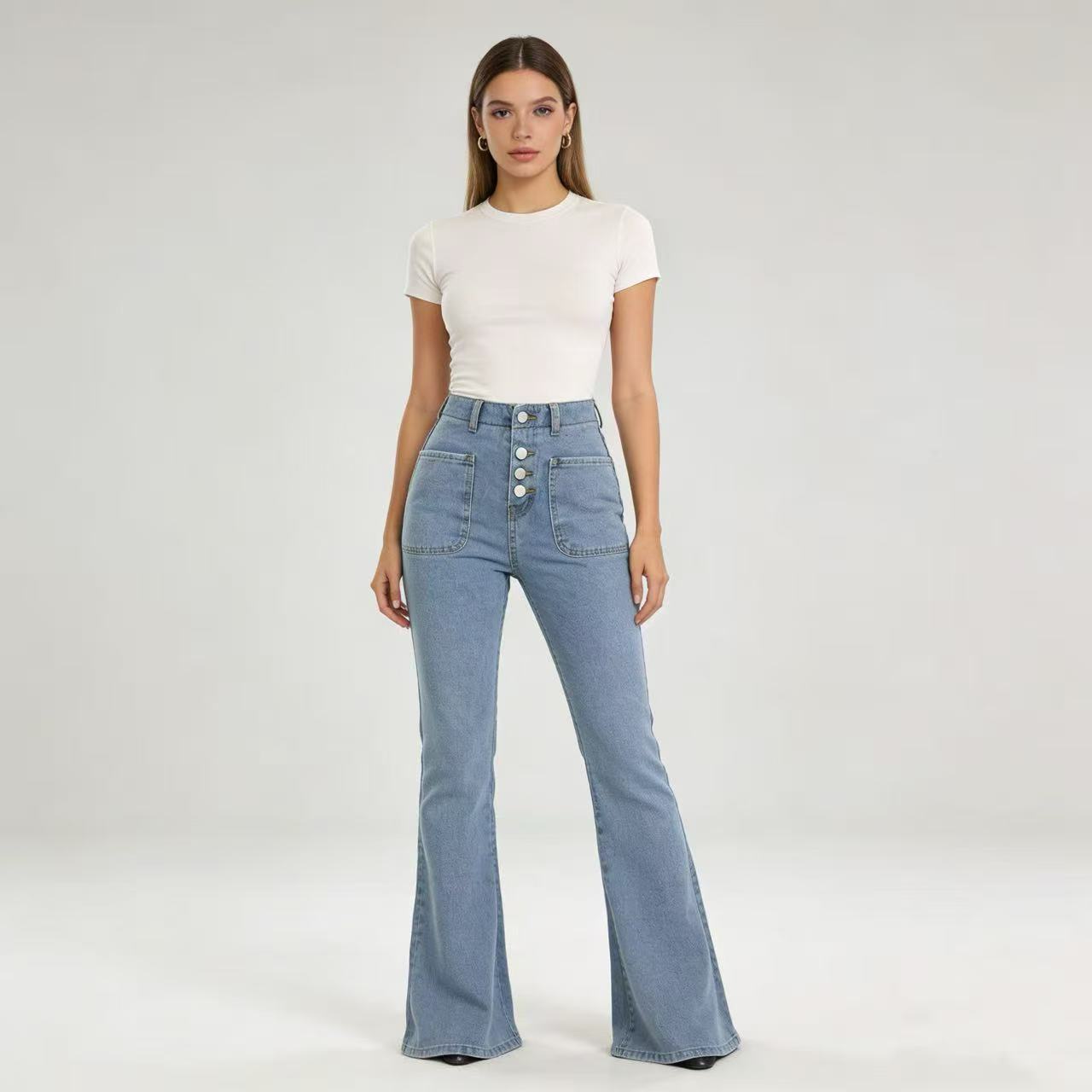 Damen Bootcut-Jeans mit hohem Bund und knöpfbarem Verschluss Shopnory