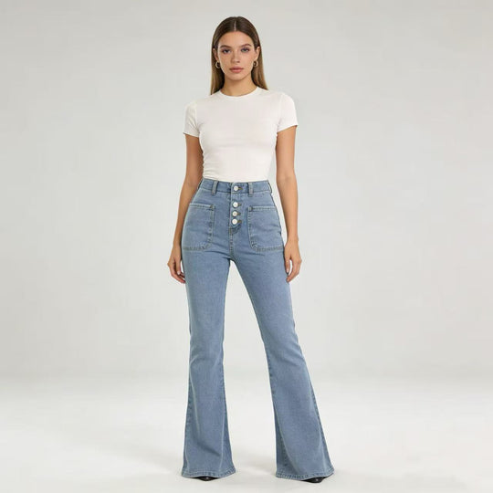 Damen Bootcut-Jeans mit hohem Bund und knöpfbarem Verschluss Shopnory