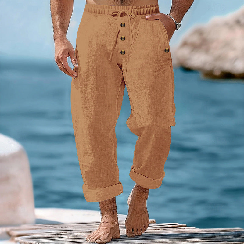 Herren nan lockere Leinen-Baumwoll-Hose mit elastischem Bund, Kordelzug und aufgekrempeltem Saum