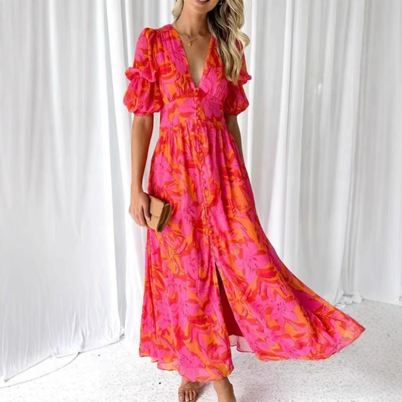 Damen Maxikleid mit Blumenmuster und V-Ausschnitt