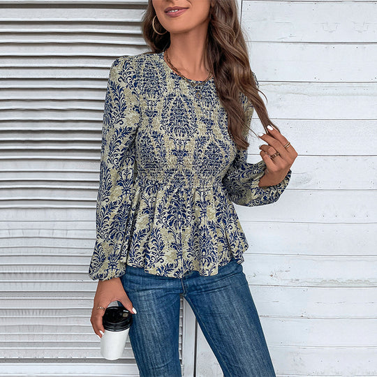 Damen Gerafftes Smock-Blusenshirt mit Peplum und voluminösen Puffärmeln Shop Nory