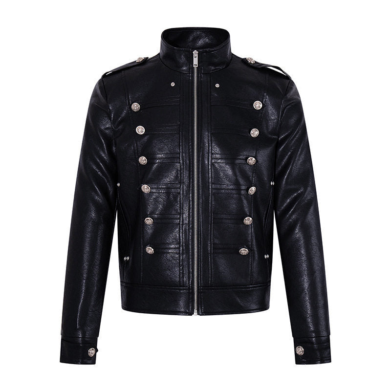 Herren Militärisch inspirierte Kunstlederjacke mit Stehkragen, Zierknopfreihe und Schulterpatten Shop Nory