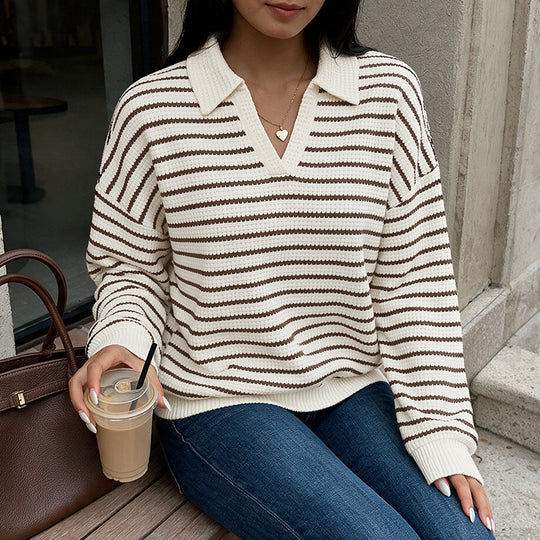 Damen Stylischer V-Ausschnitt Pullover mit Streifen Shop Nory