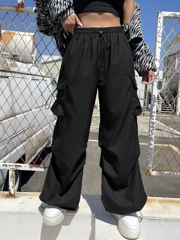 Damen nan weite Cargo-Hose mit Tunnelzugbund, Mehrfachtaschen und verstellbarem Saum Shop Nory