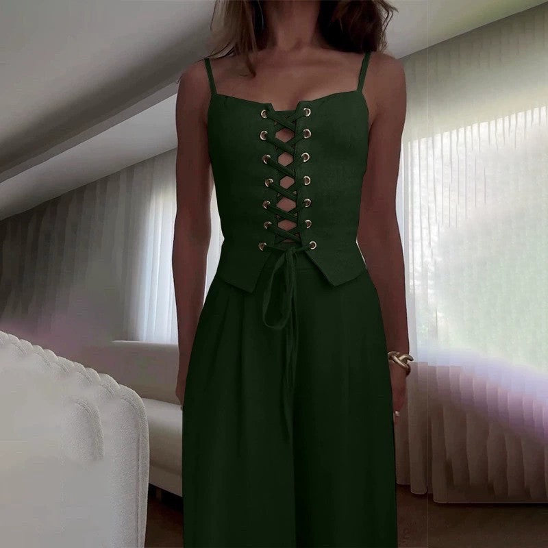 Damen Jumpsuit mit femininer Schnürung und weit geschnittenem Bein